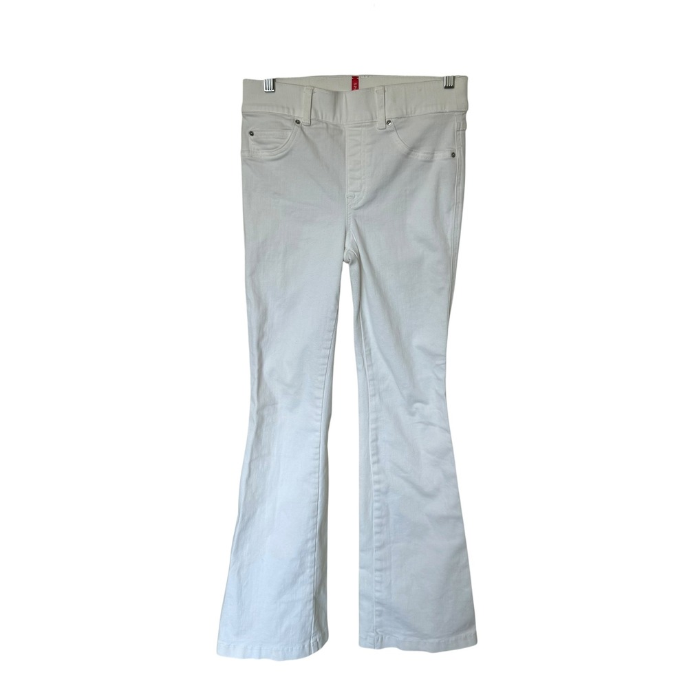 Spanx Flare Jeans Womens Small Petite White Good Pull On Shaping Stretch Denim